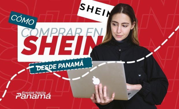 mujer joven vestida de negro con una laptop Apple comprando en shein online